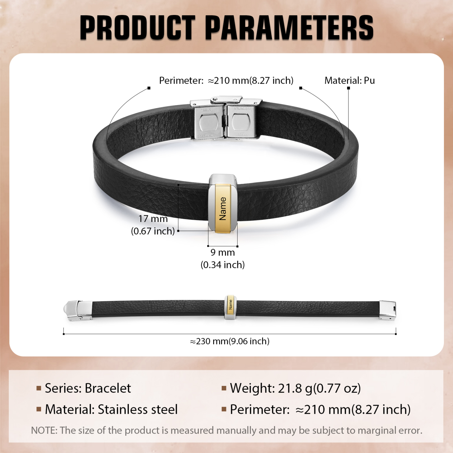 1 Name Personalised Stainless Steel Leather Bracelet Engraved Name Men's Bracelet Gift for Dad