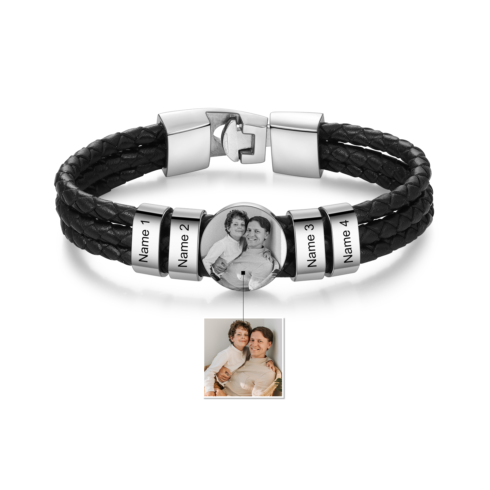 Personalised Braided Leather Bracelet Engraved with 4 Names and Customized 1 Photo Men's Bracelet for Dad