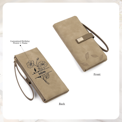 Custom Purse-Personalised Women's Wallet Customized Birth Flower and Name Zipper Women's Wallet