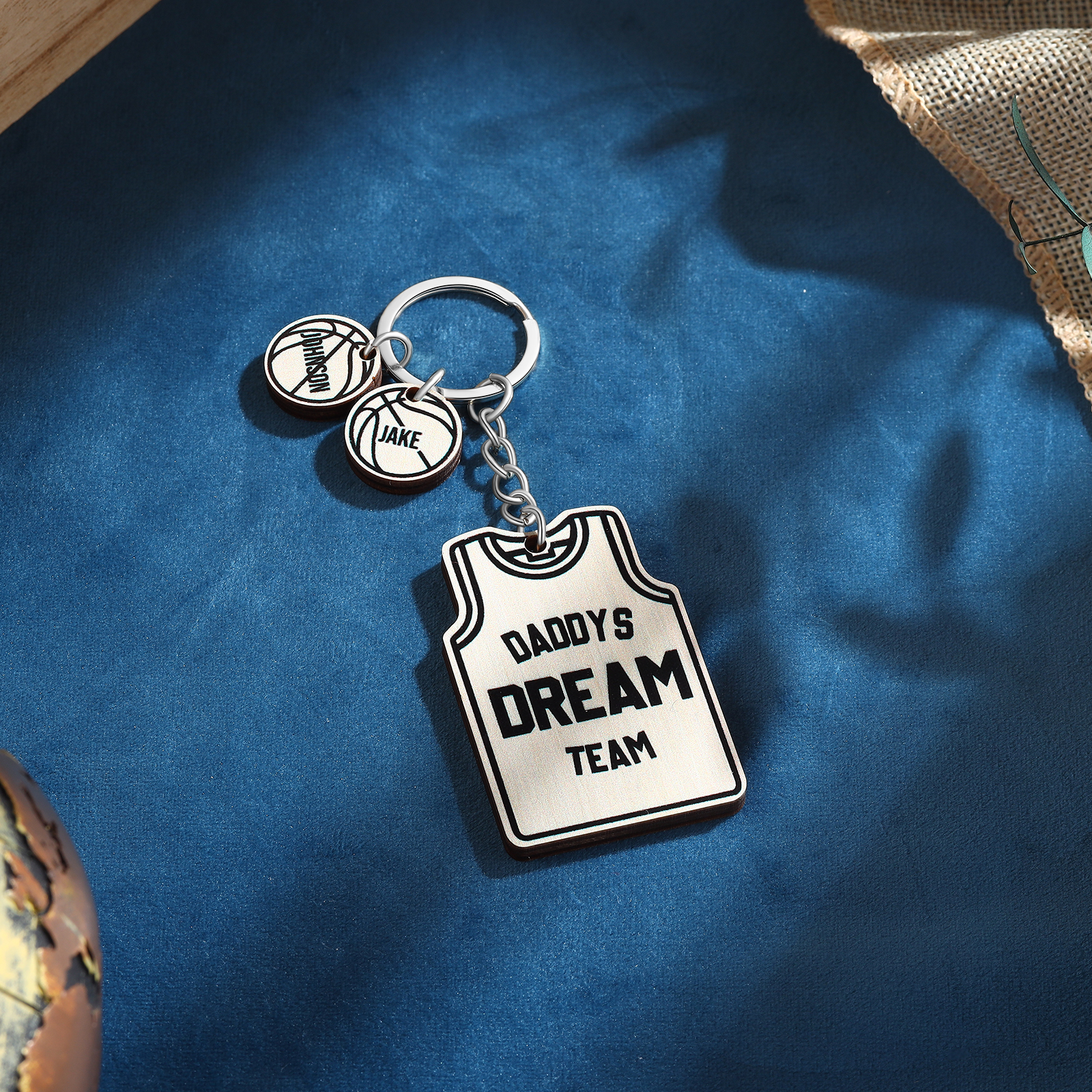 Personalised Text and 2 Names Wooden Basketball Keyring For Dad