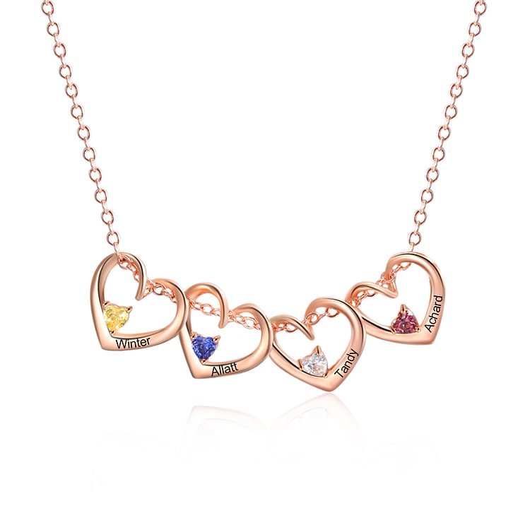 4 Names- Personalised Birthstone Necklace Set with Rose Gift Box - Customized Love Pendant Necklace Engraved Name Gift for Her