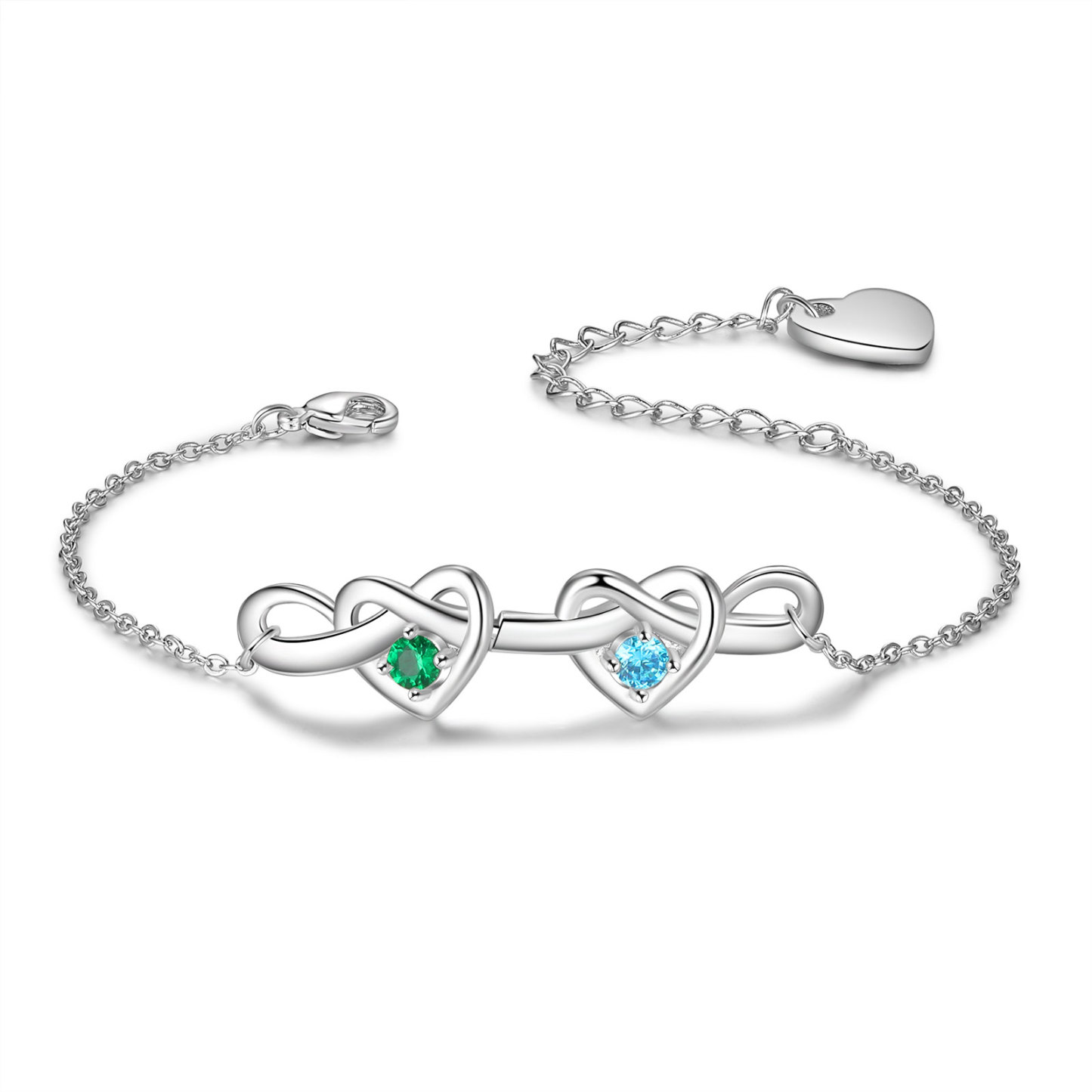 2 Names-Personalized Linked Heart Bracelet With 2 Birthstones Engraved Names And Text Bangle For Her