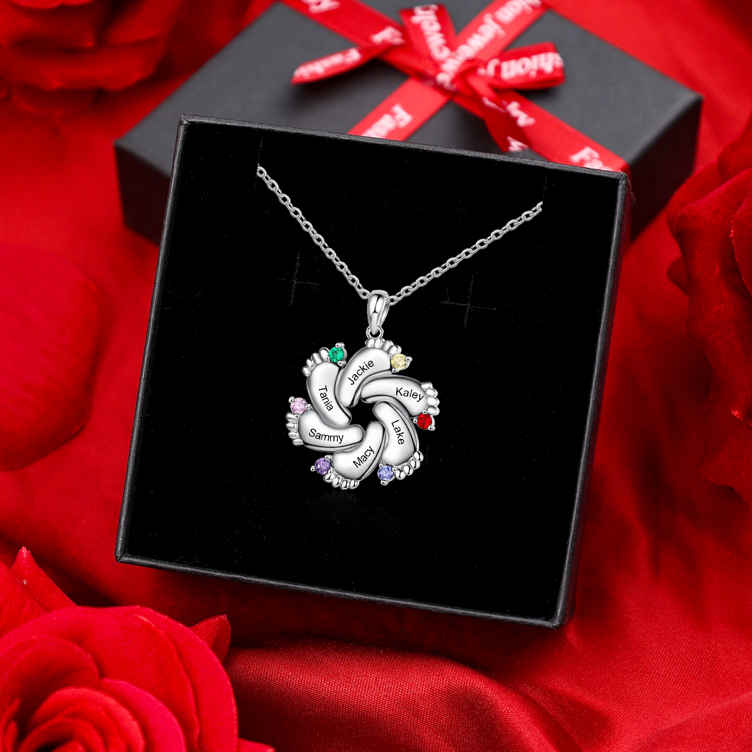 6 Names-Personalised Baby Foot Necklace Gift Set With Box-Custom Women Necklace With 6 Birthstones Engraved Names Gift For Mother/Her