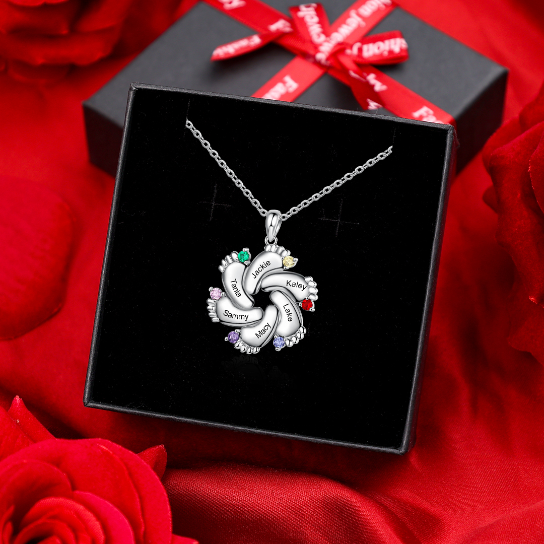 6 Names-Personalised Baby Foot Necklace Gift Set With Box-Custom Women Necklace With 6 Birthstones Engraved Names Gift For Mother/Her