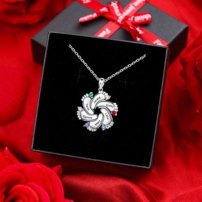 6 Names-Personalised Baby Foot Necklace Gift Set With Box-Custom Women Necklace With 6 Birthstones Engraved Names Gift For Mother/Her