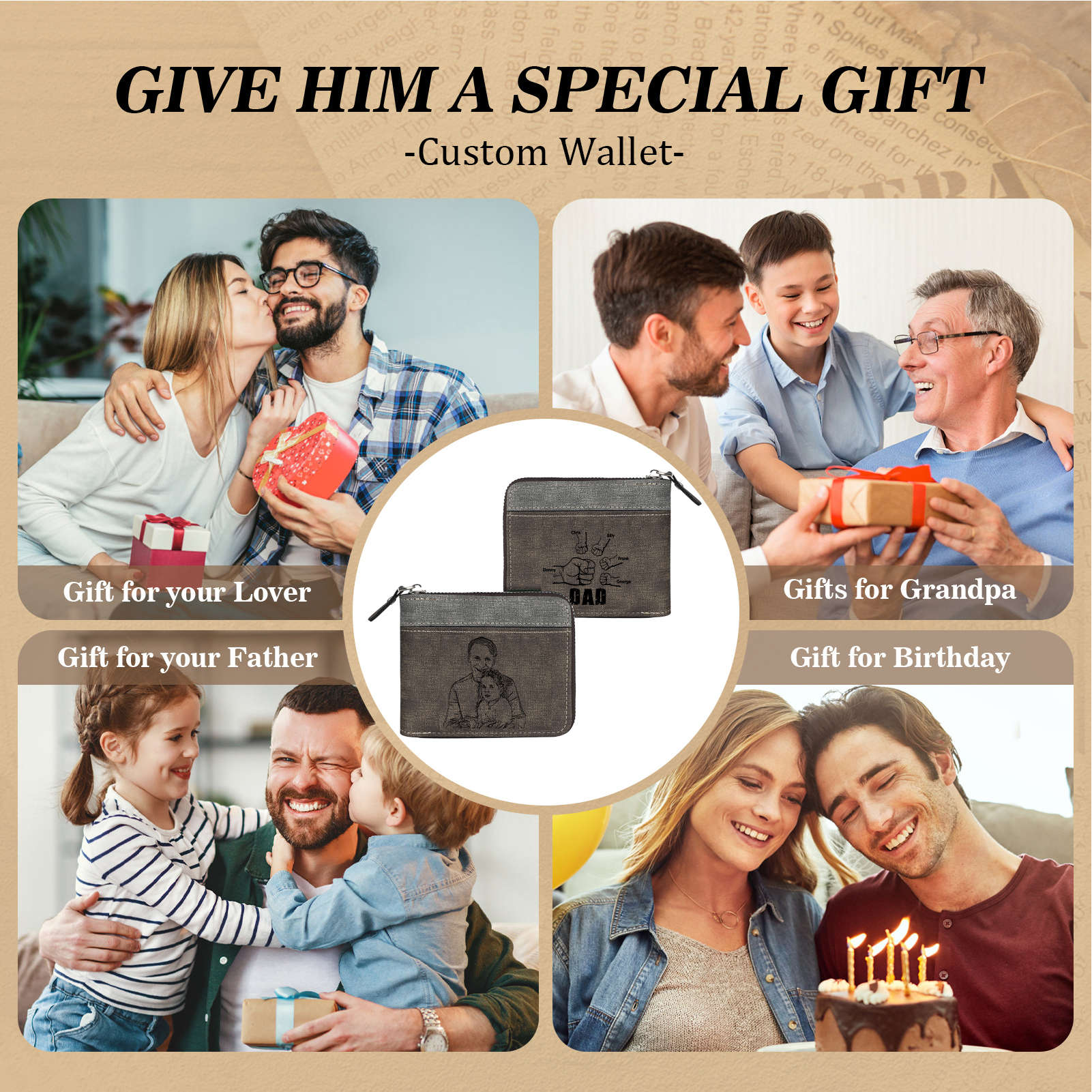 5 Names - Personalised Fist Bump Photo Custom Leather Men's Zipper Wallet as a Father's Day Gift for Dad