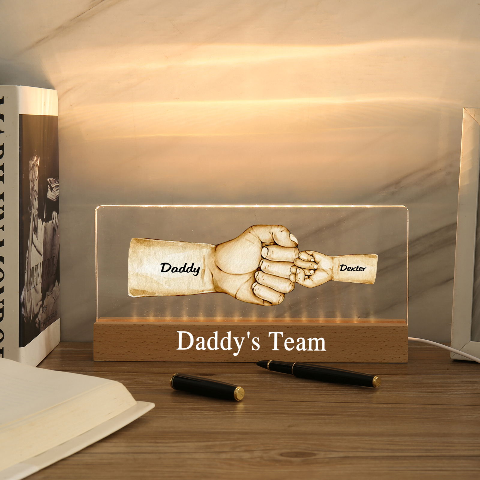 2 Names - Personalised Fist Bump Pattern Table Lamp Customized Text Father's Day Gift for Dad
