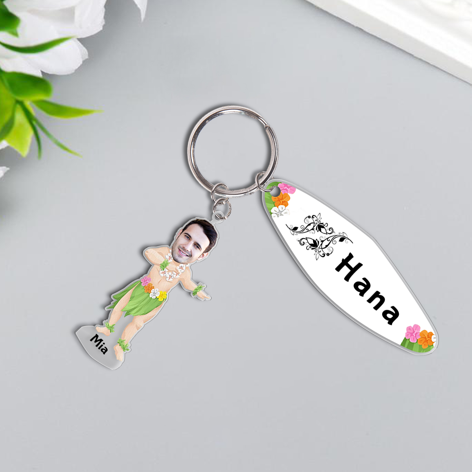 1 Name - Personalised Hawaiian Style Keyring With Photo, Name and Text, Gift For Family