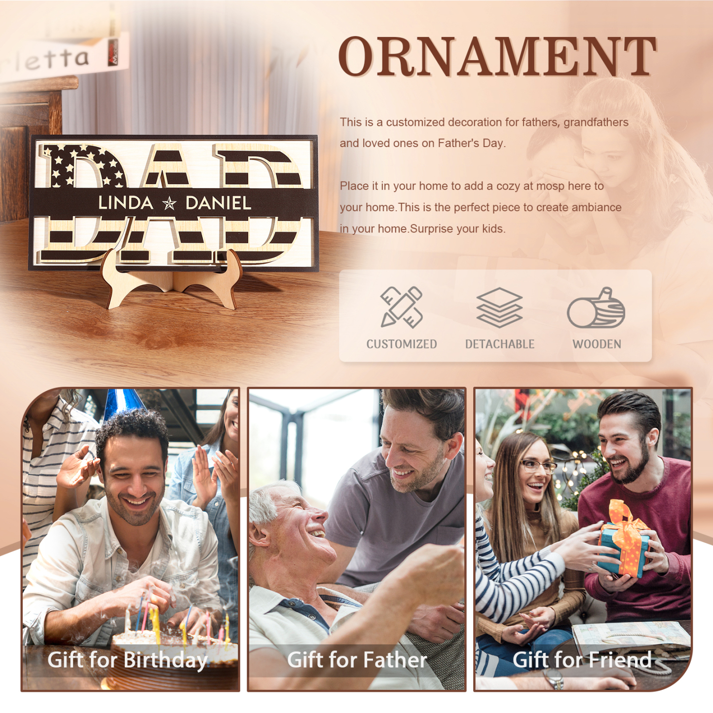 2 Names - Personalised Wood Ornament Engraved with Dad Text Support Customized Name Ornament Father's Day Gift for Dad