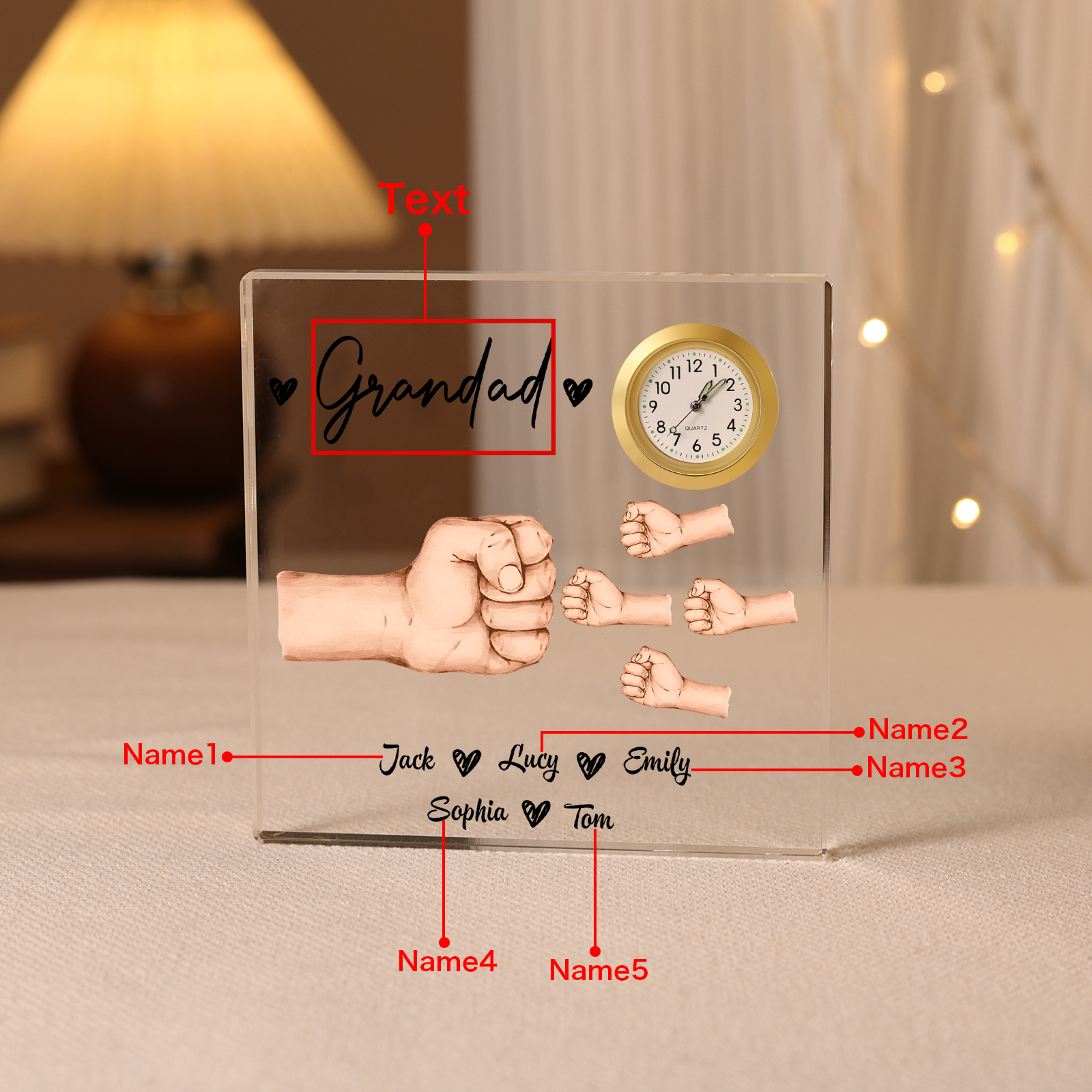 5 Names - Personalised Fist Bump Style Acrylic Clock Ornament Customized Name and Text Acrylic Father's Day Gift for Dad