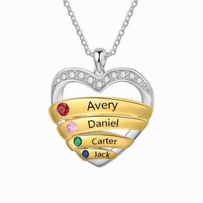 4 Names - Personalised Beautiful Heart Necklace with Custom Name and Birthstone, The Perfect Delicate Gift for Her