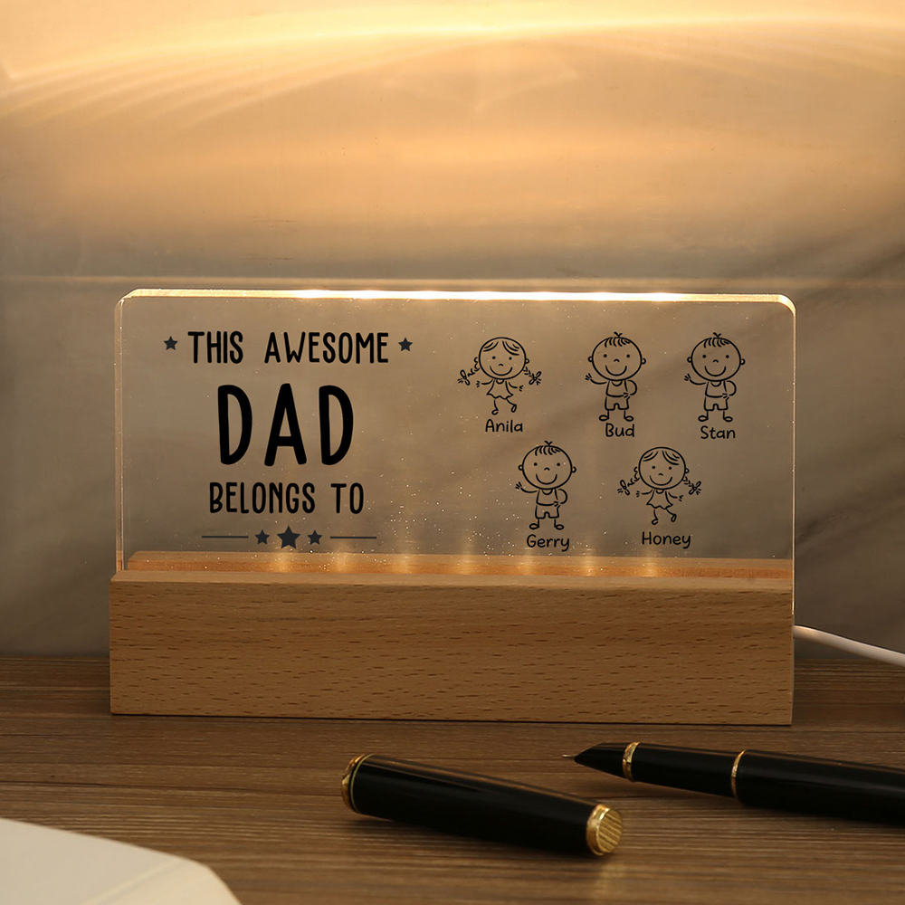 5 Names & Doll Gender - Personalised Lamp -This Awesome Dad  Belongs To - Father's Day Gift for Dad