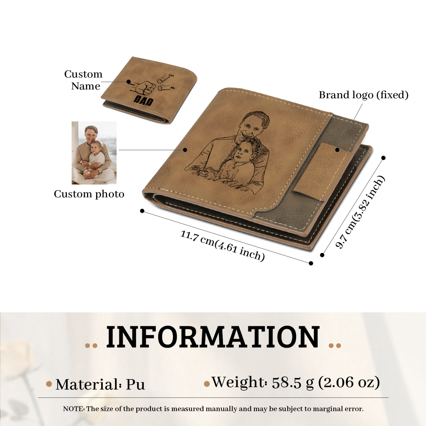 3 Names - Personalised Fist Bump Photo Custom Leather Men's Wallet as a Father's Day Gift for Dad