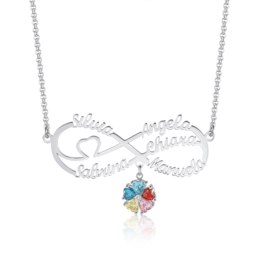 Personalised Infinity Necklace With 5 Birthstones Engraved Names Necklace Gift For Women