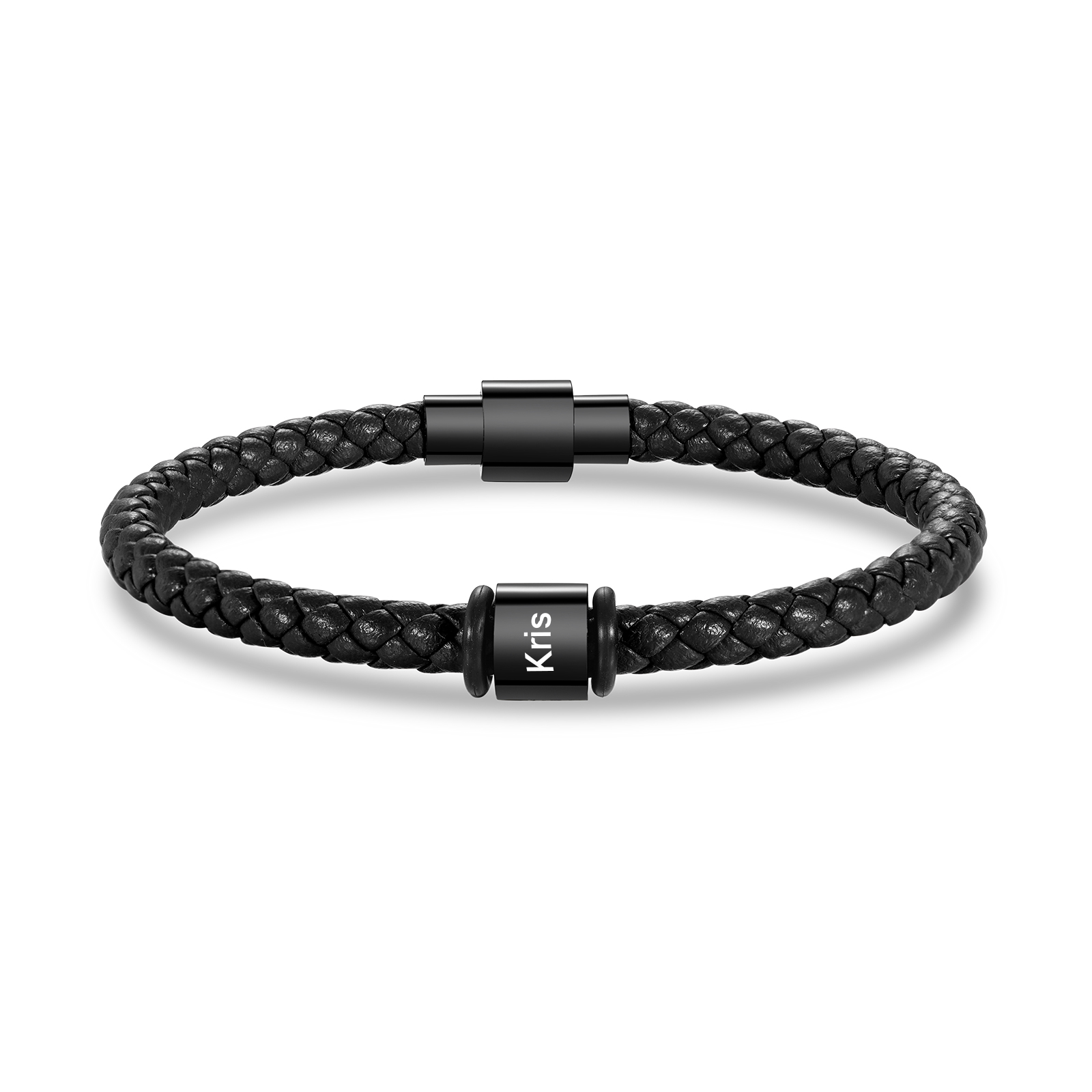 Custom Engraved 1 Name Bead Magnetic Buckle Leather Braided Personalised Mens Bracelet - Gift for Husband Boyfriend