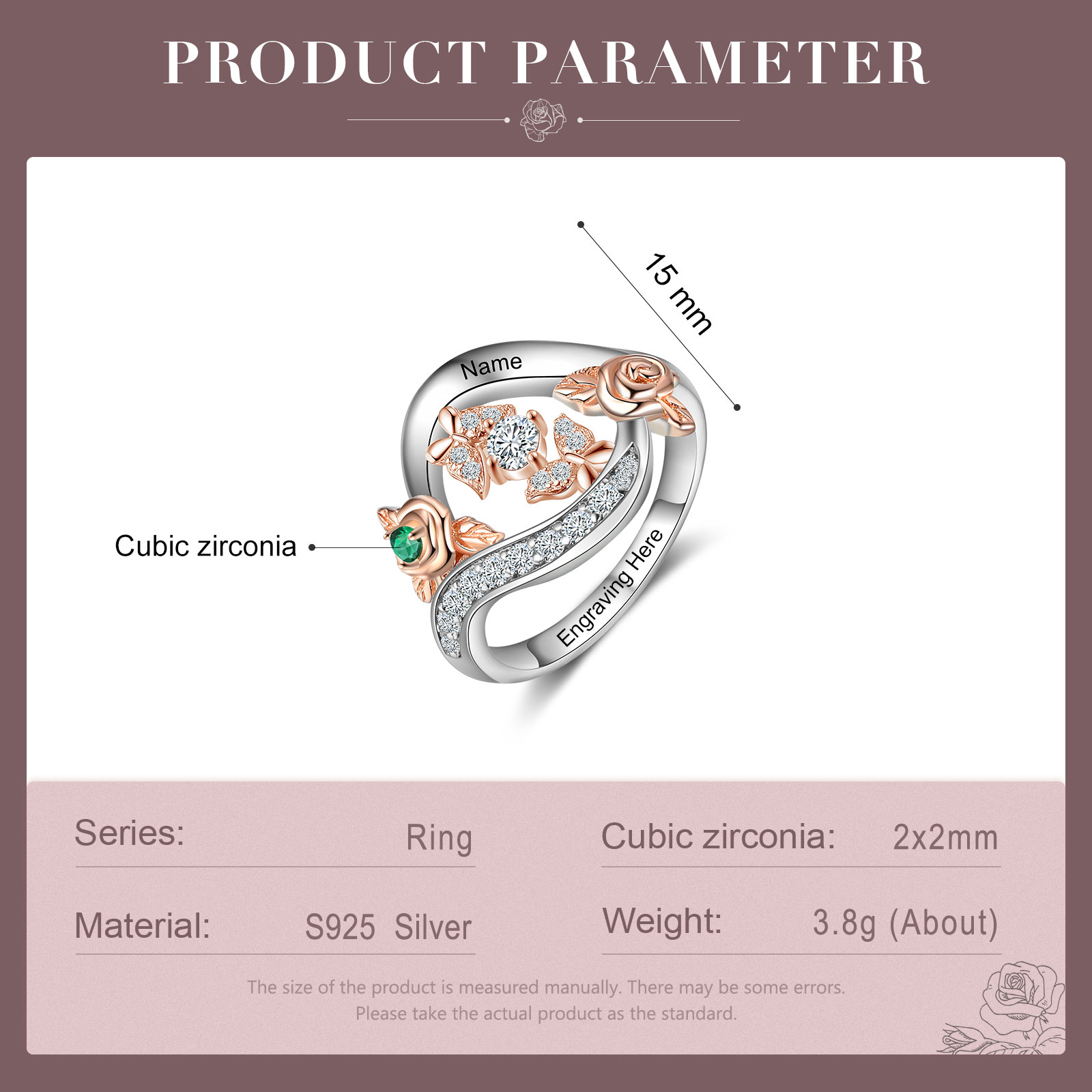 Personalised Rose Ring With 1 Birthstone Engraved Names Ring Gift For Women