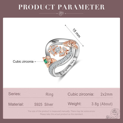 Personalised Rose Ring With 1 Birthstone Engraved Names Ring Gift For Women