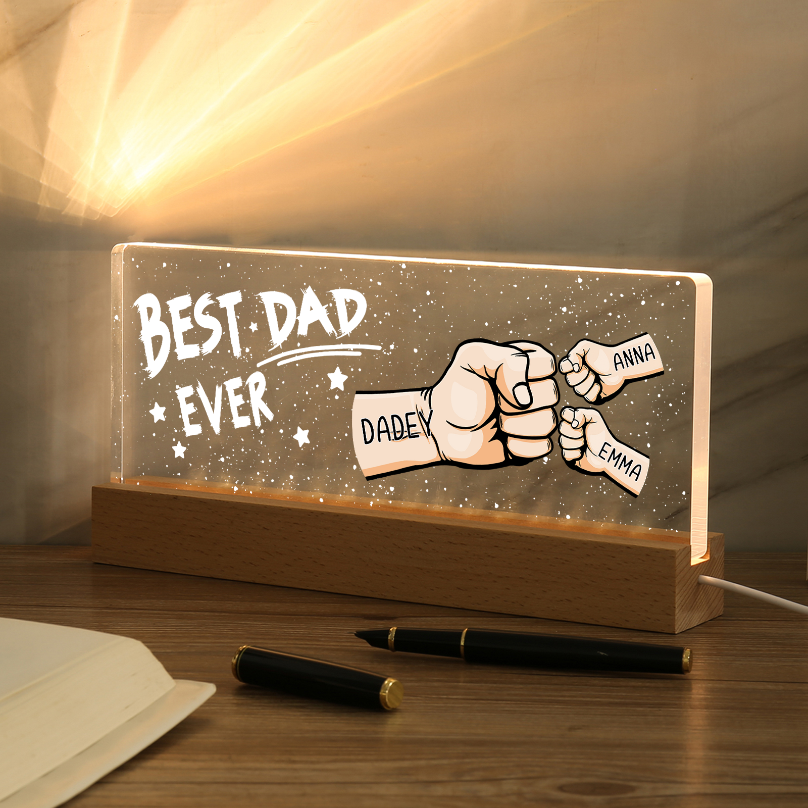 3 Names - Personalised Fist Bump Lamp - Best Dad Ever - Father's Day Gift for Dad