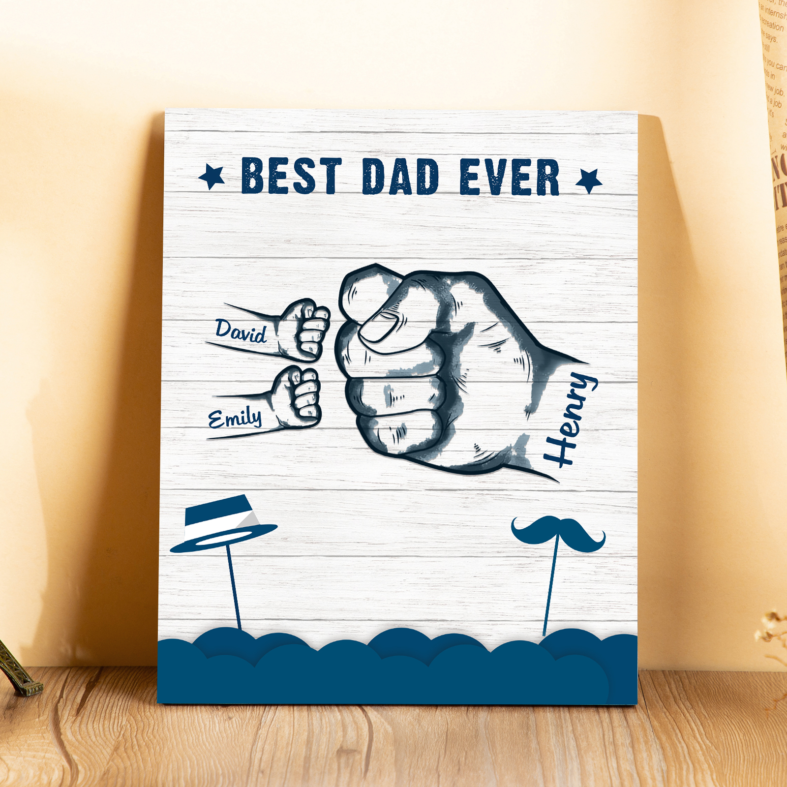 3 Names - Personalised Wooden Ornament Fist Bump Style Engraved Name and Text Ornament for Dad