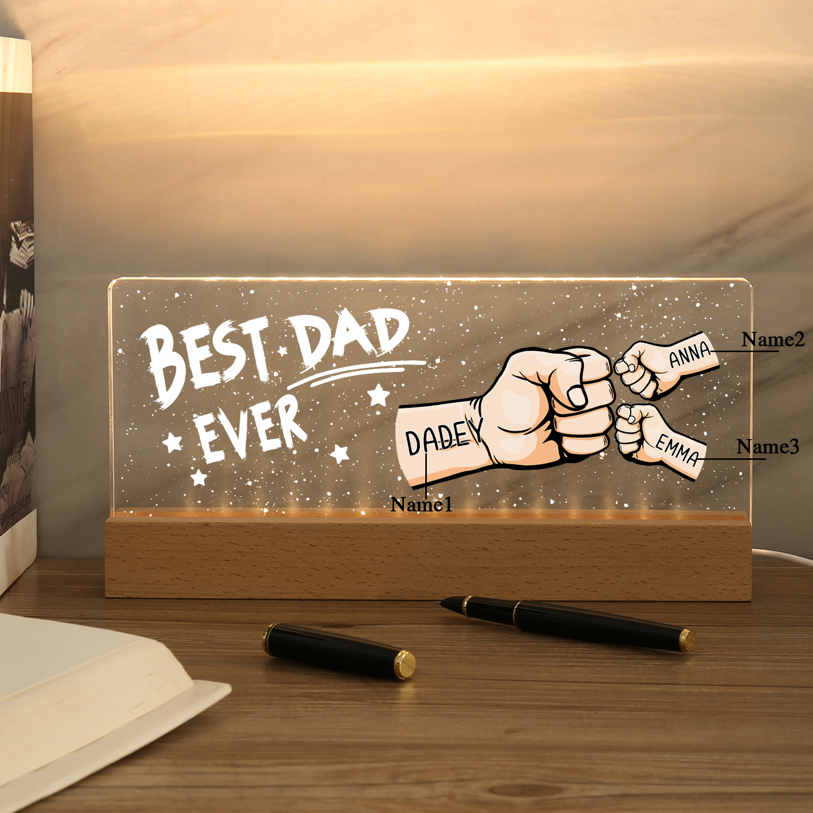 3 Names - Personalised Fist Bump Lamp - Best Dad Ever - Father's Day Gift for Dad