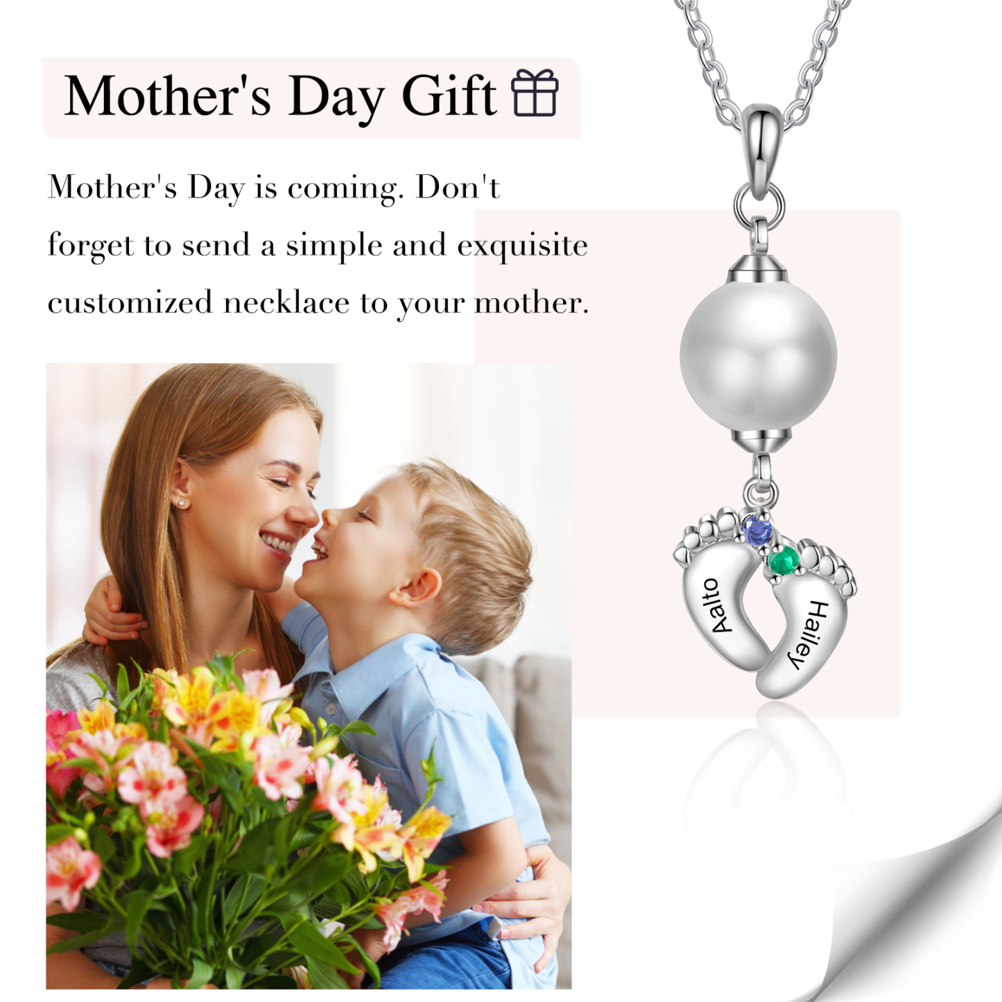 Personalised Baby Feet Pearl Necklace Custom 2 Names & Birthstones Mother Necklace