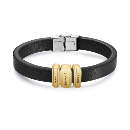 3 Names Personalised Stainless Steel Leather Bracelet Engraved Name Men's Bracelet Gift for Dad