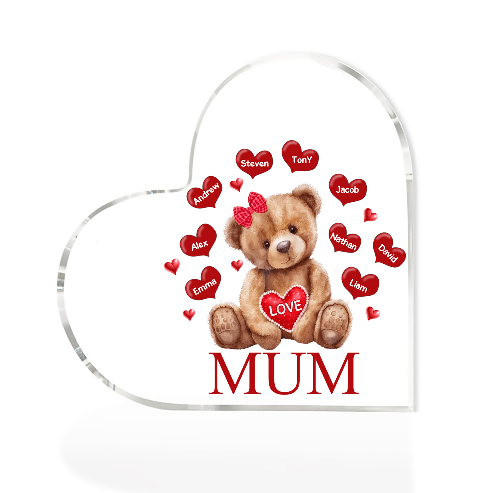 9 Names-Personalised Mum Acrylic Heart Keepsake Custom Text Love Teddy Bear Ornaments Gifts Set With Gift Box for Grandma/Mother