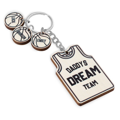 Personalised Text and 3 Names Wooden Basketball Keyring For Dad