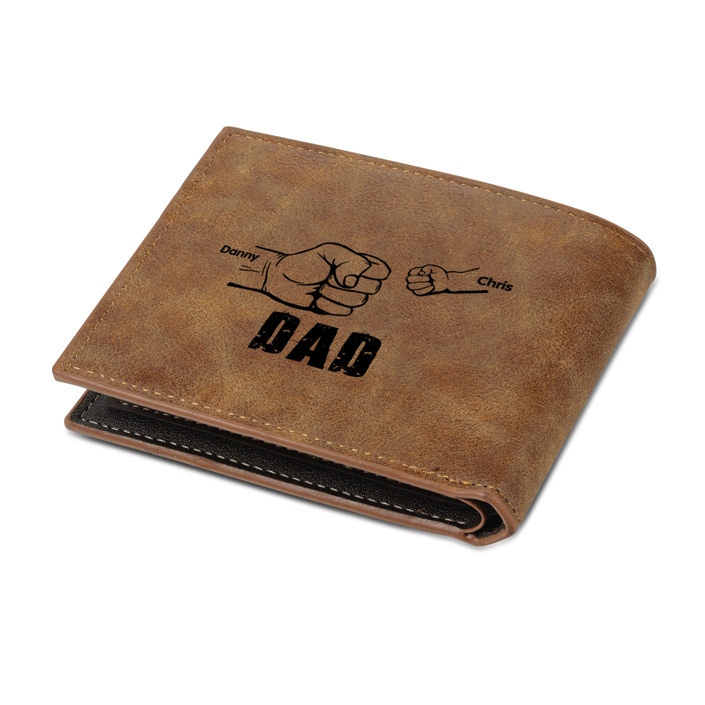 2 Names - Personalised Fist Bump Photo Custom Leather Men's Wallet as a Father's Day Gift for Dad