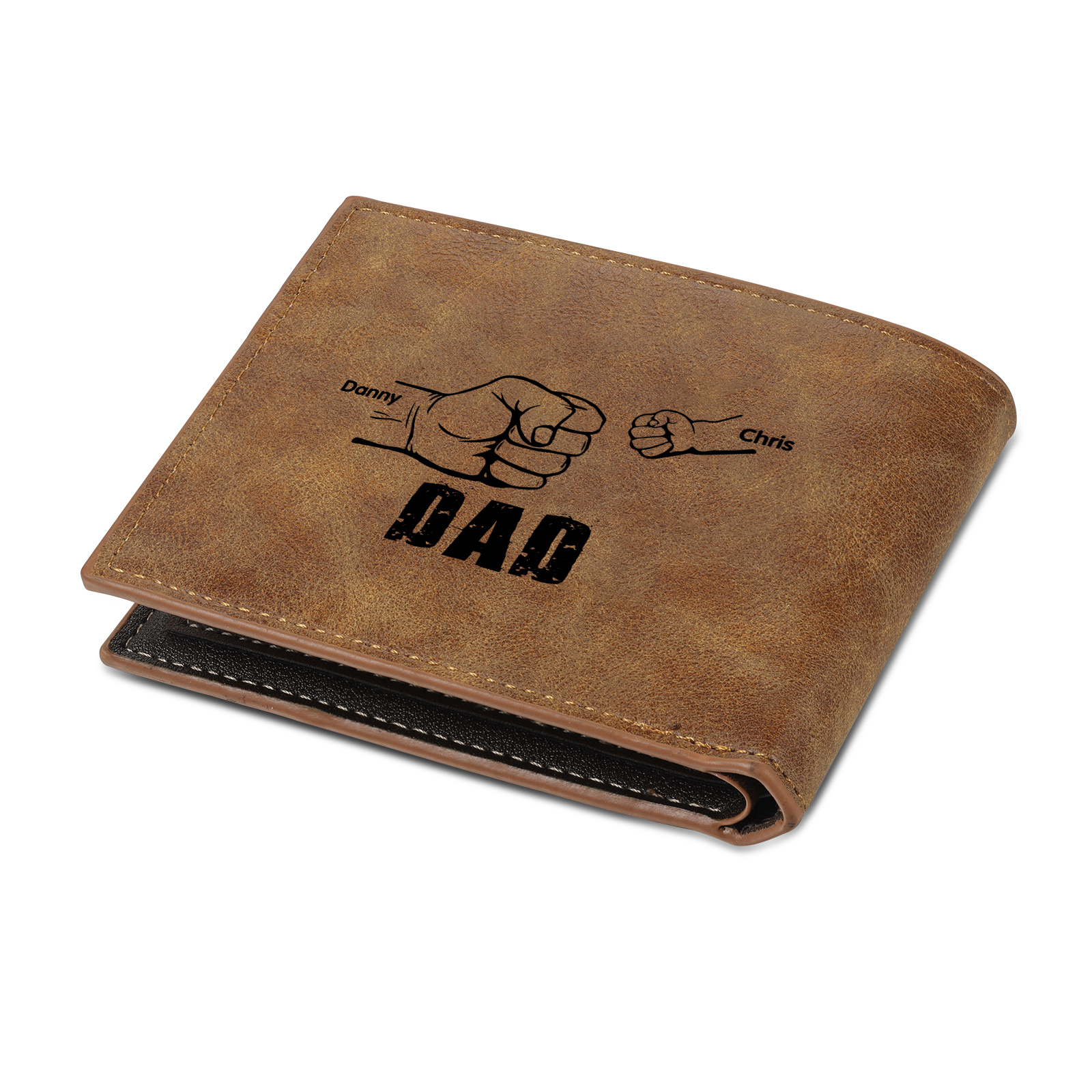 2 Names - Personalised Fist Bump Photo Custom Leather Men's Wallet as a Father's Day Gift for Dad