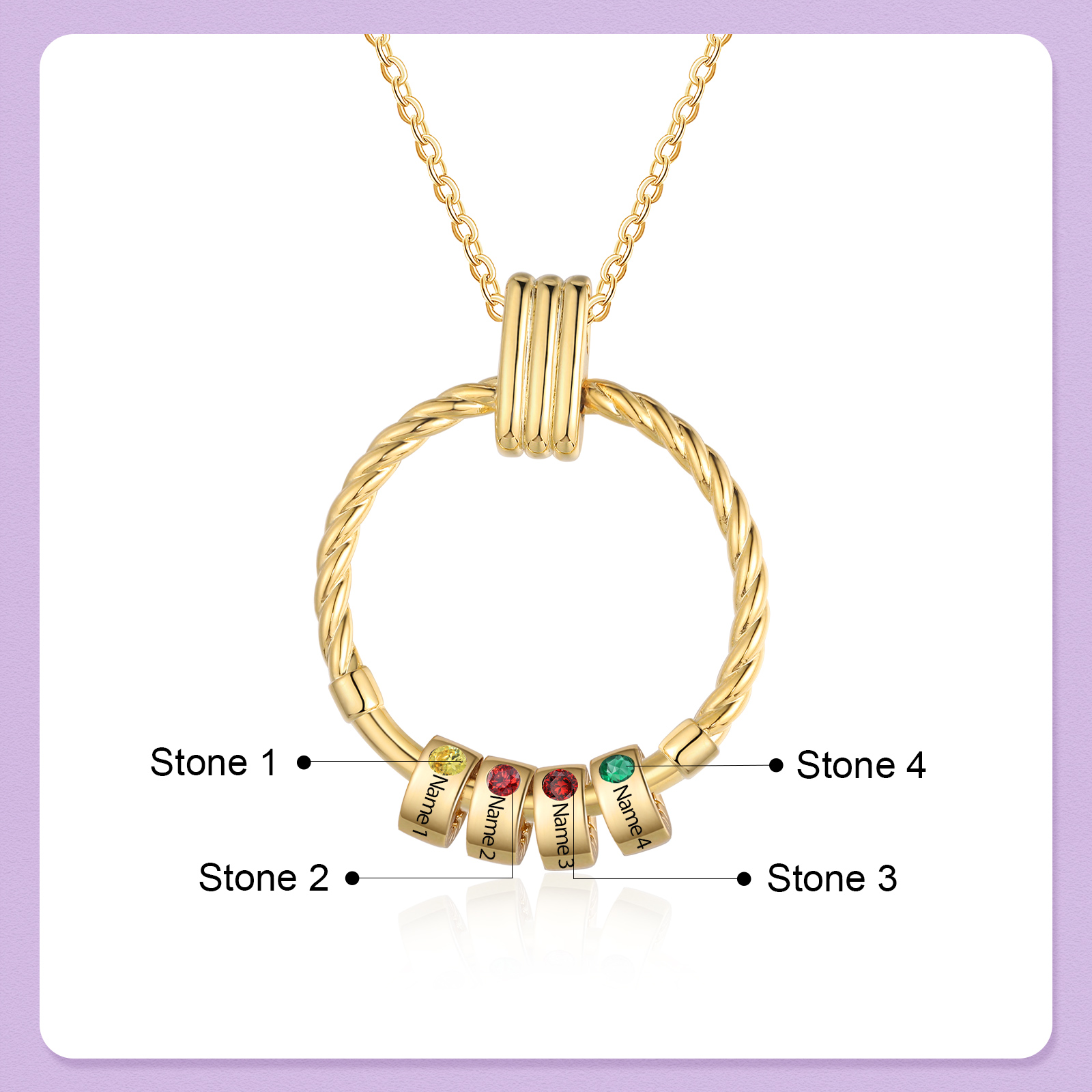 4 Names - Personalised Round Pendant Necklace Customized Name Gift for Her