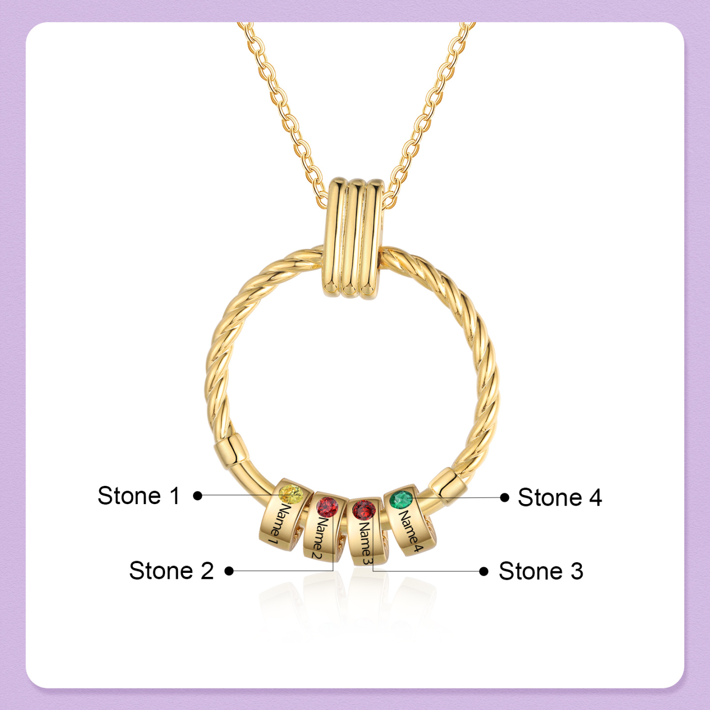 4 Names - Personalised Round Pendant Necklace Customized Name Gift for Her