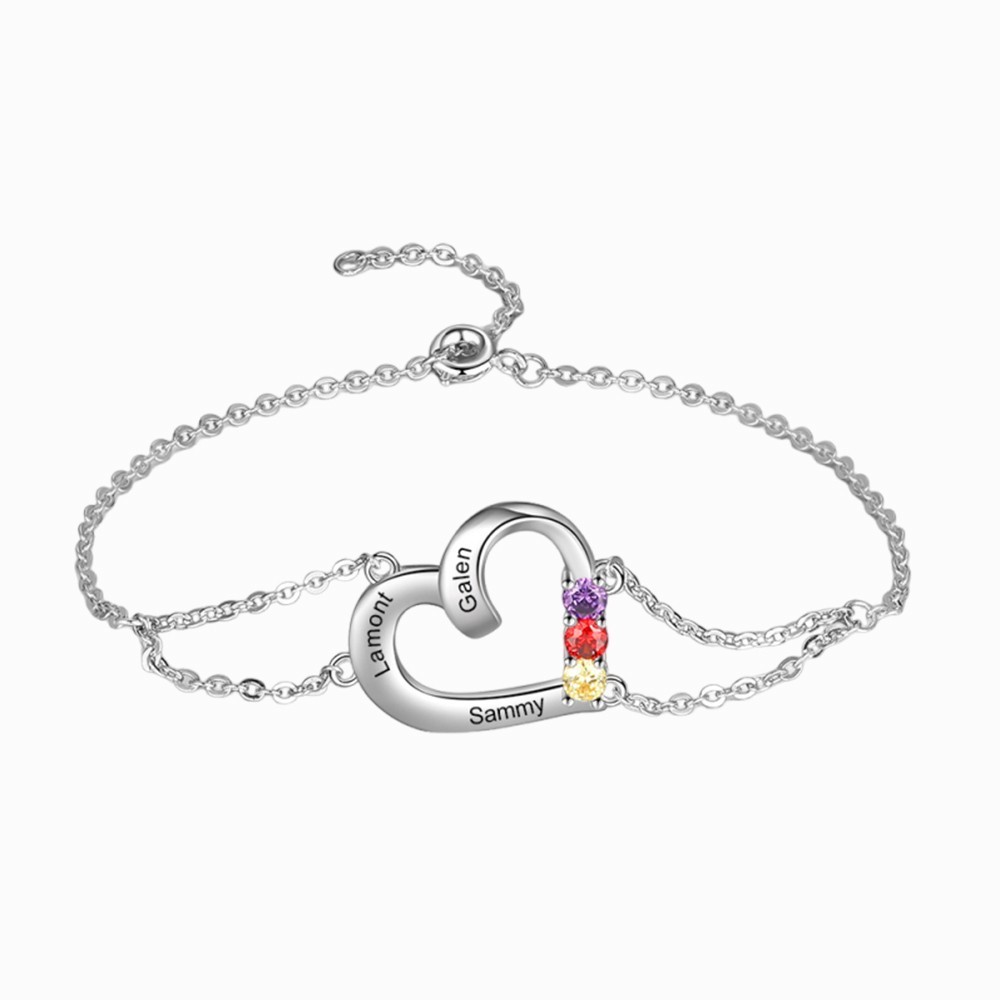 Personalised Heart Bracelet With 3 Birthstones Engraved Names Gift For Women