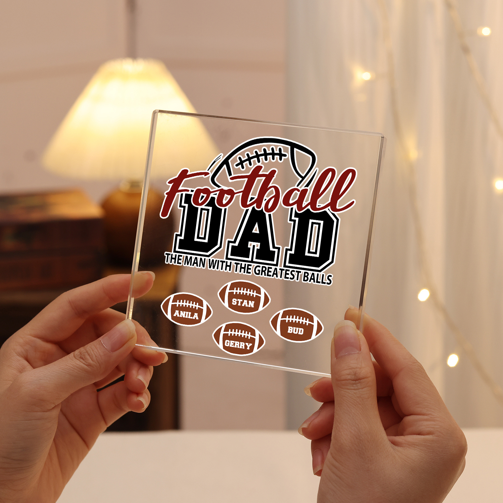 4 Names - Personalised Football Acrylic Keepsake Customized Name Acrylic Plaque Decoration Father's Day Gift for Dad