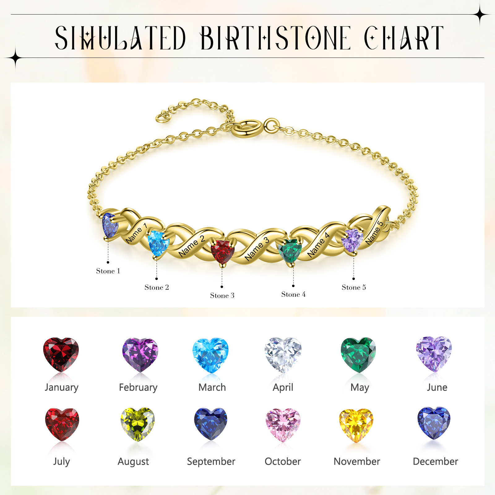 Personalised Bracelet With 5 Heart Birthstones Engraved Names Bracelet Gift For Women