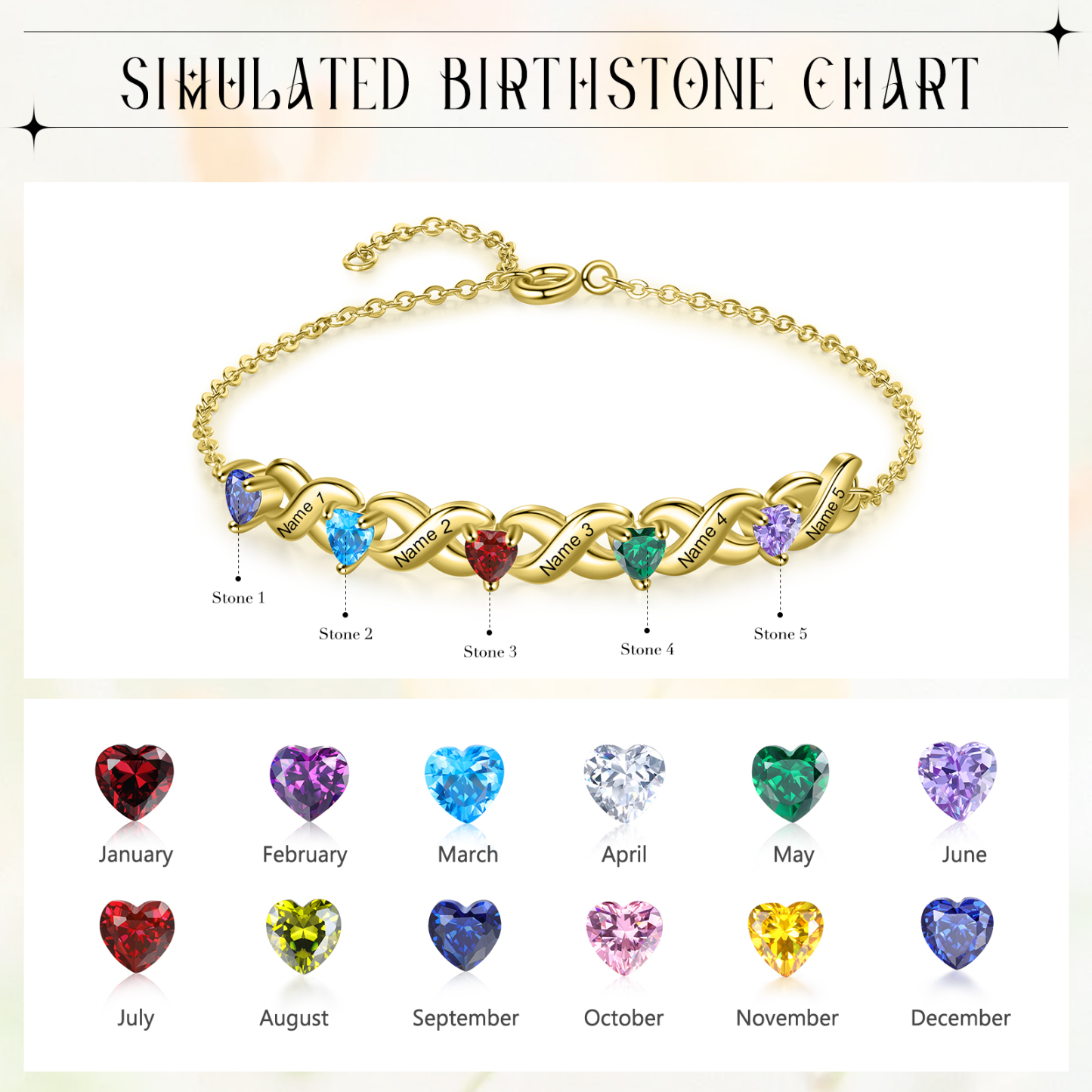 Personalised Bracelet With 5 Heart Birthstones Engraved Names Bracelet Gift For Women