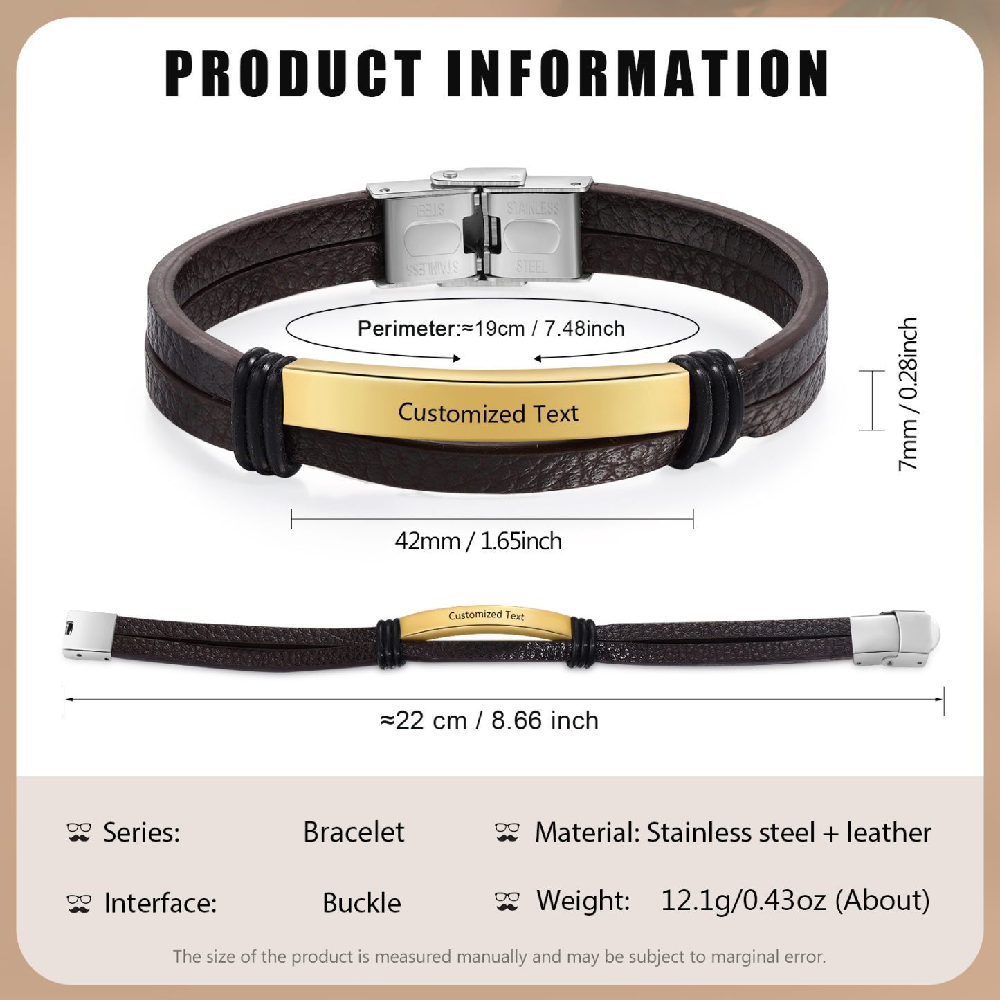 Personalised Text Brown Leather Bracelet Men's Bracelet Father's Day Gift for Dad