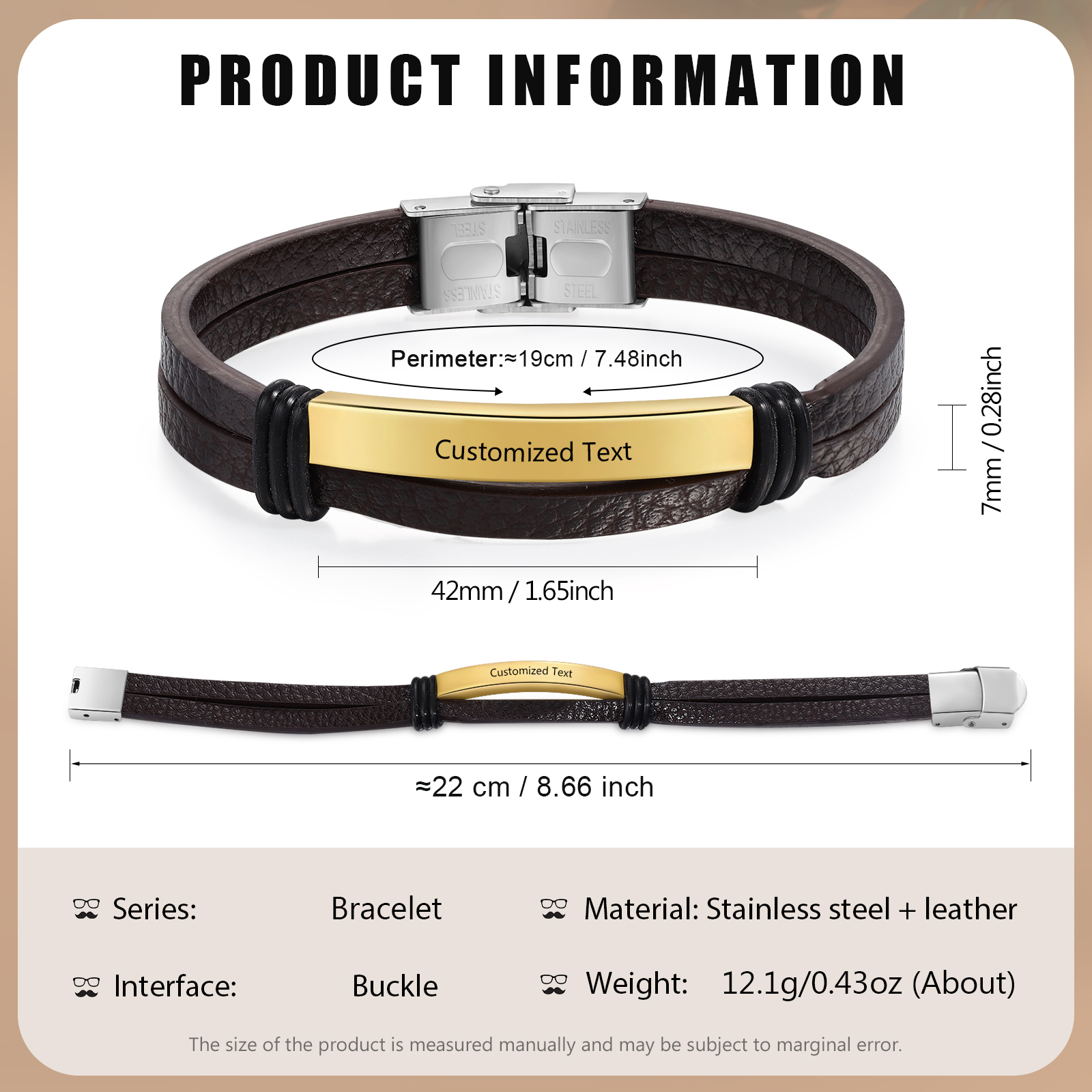 Personalised Text Brown Leather Bracelet Men's Bracelet Father's Day Gift for Dad