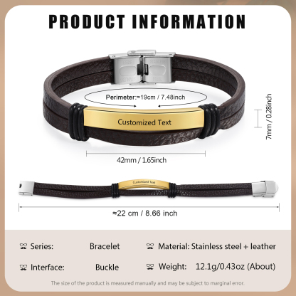 Personalised Text Brown Leather Bracelet Men's Bracelet Father's Day Gift for Dad