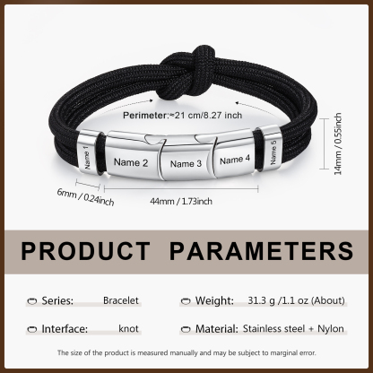 5 Names - Personalised Name Braided Leather Bracelet Engraving Men's Bracelet for Dad