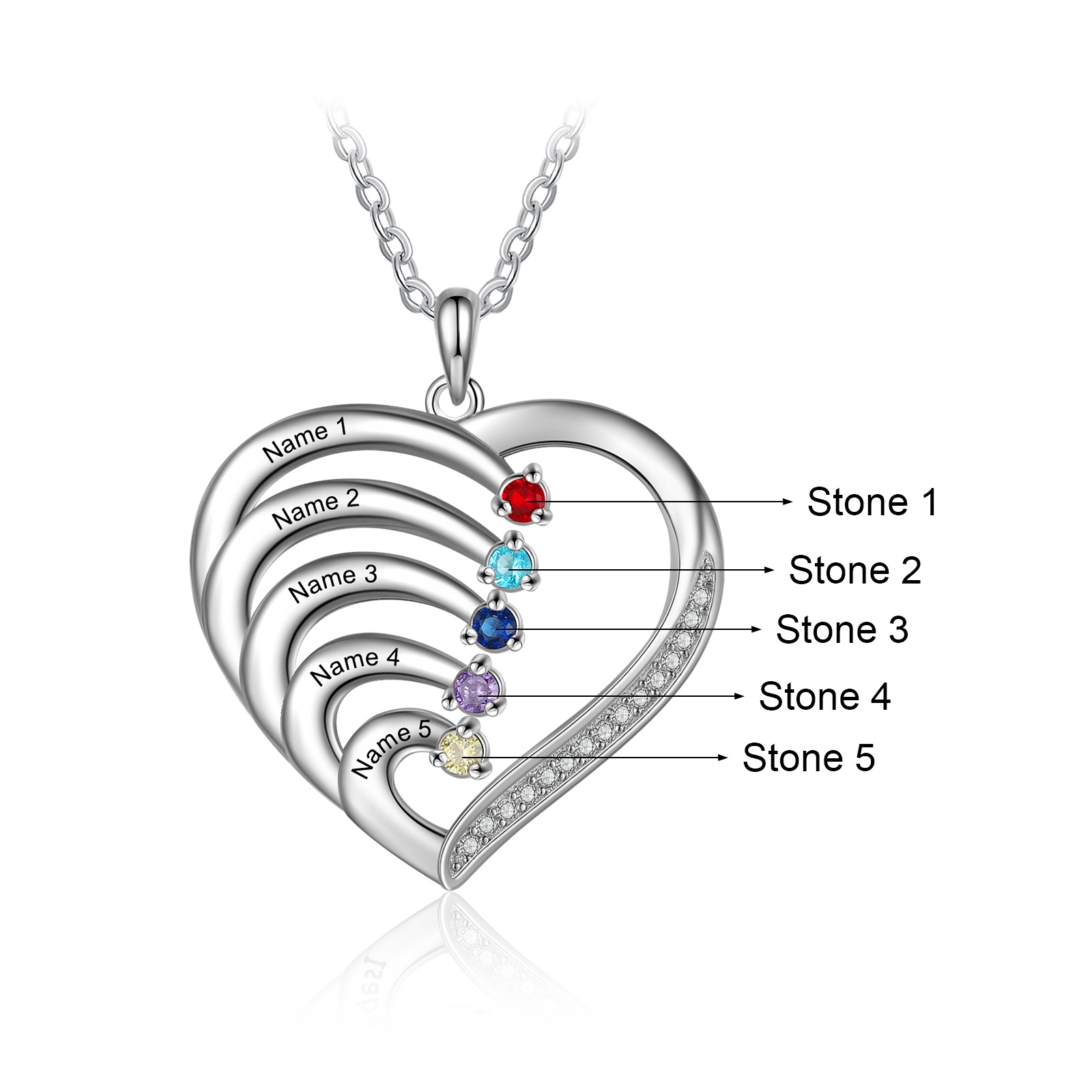 Personalised Mother Necklace 5 Stones Engraved 5 Names Birthstone Intertwined Heart Pendant Gifts for Her