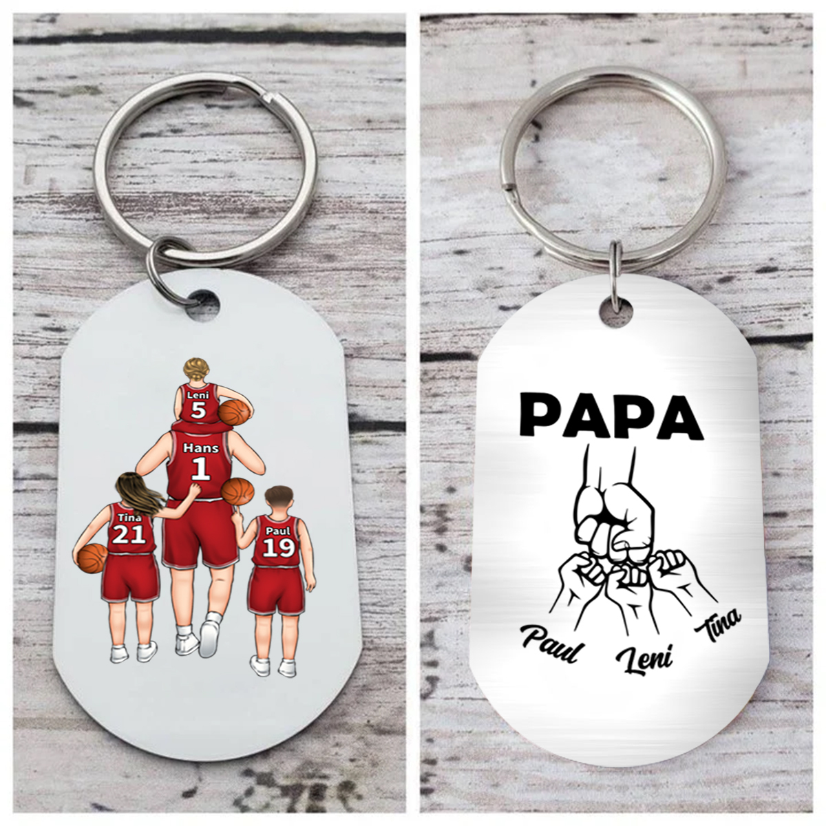 2-5 Names-Personalised Dad's Basketball Team Fist Keyring Custom Names Gift For Dad/Grandad