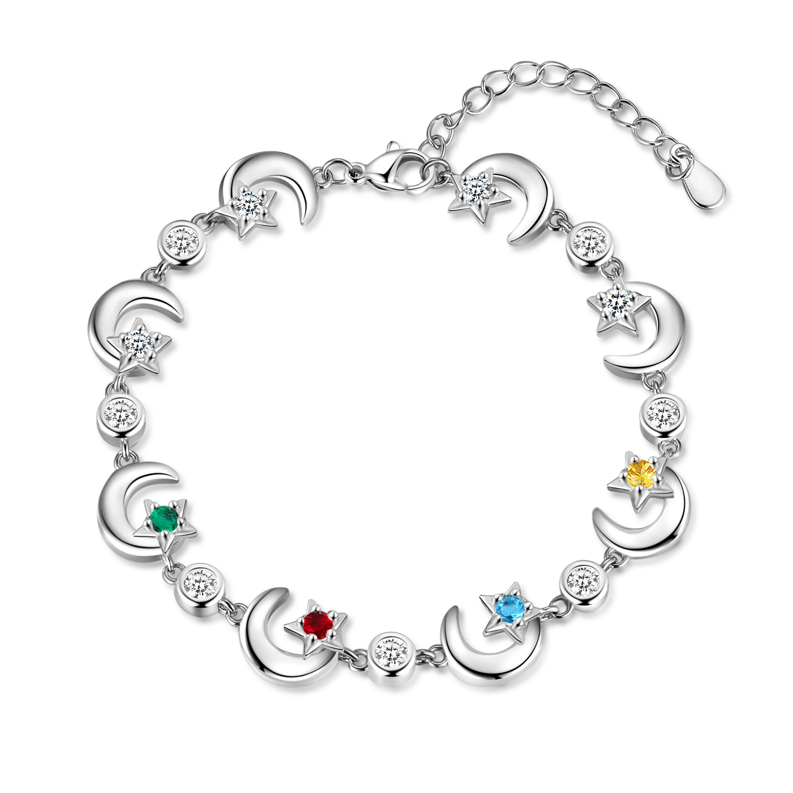 4 Names-Personalised Moons And Stars Bracelet With 4 Birthstones Custom Names Bracelet Gift For Women