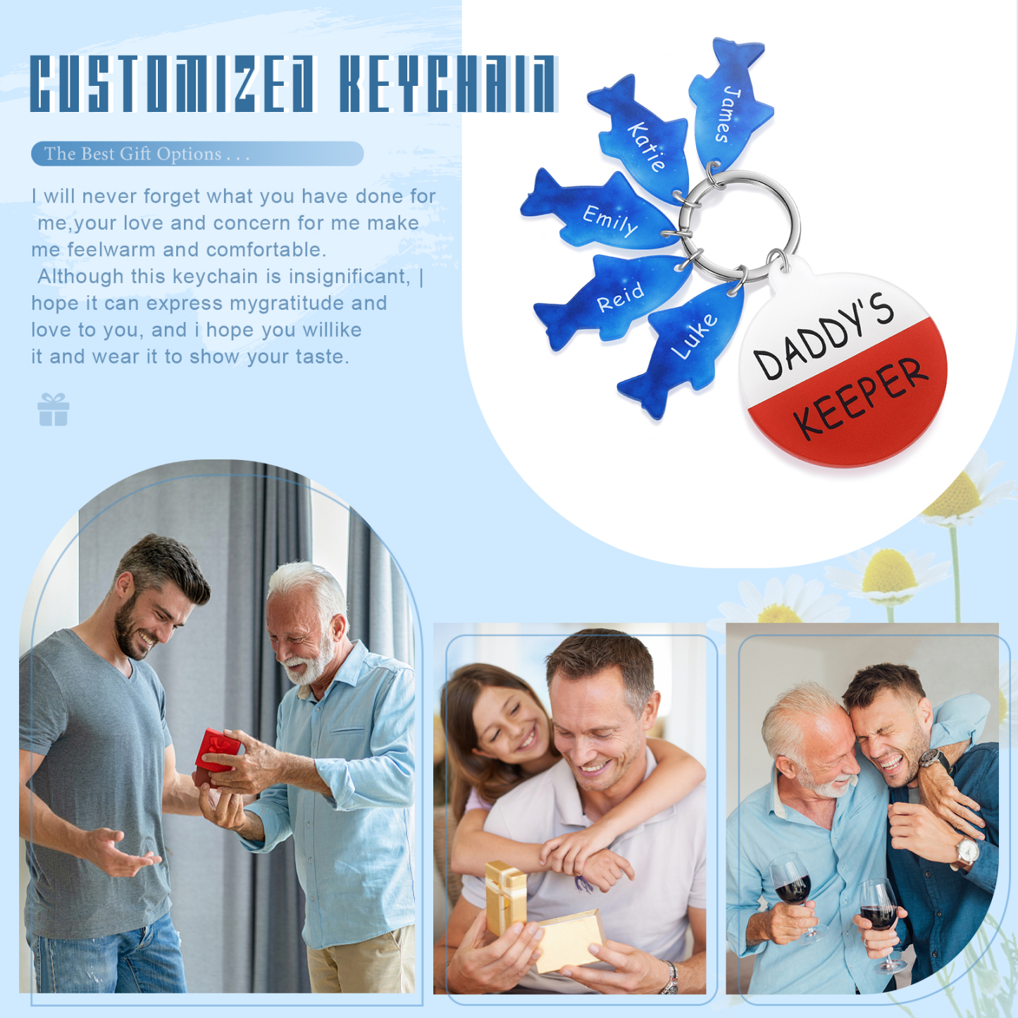 5 Names - Personalised Fish Keyring with Custom Text and Name Father's Day Gift for Dad