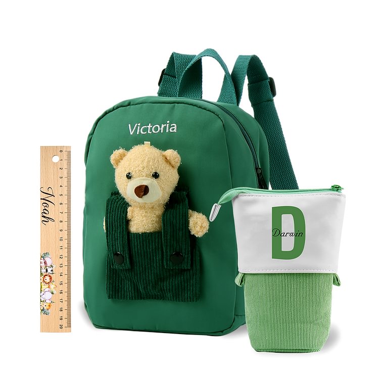 Personalized Custom 1 Letter and 3 Names Gift Set Custom Green Backpack and Pencil Case and Ruler Gift Set Back to School Gift for Daughter