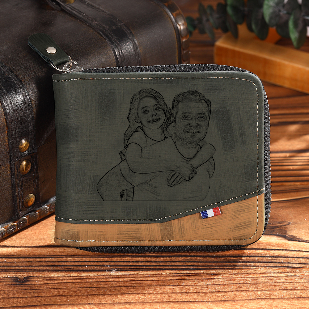 Family photo engraving, leather zipper wallet, custom zip-around wallet, leather clutch for men and shops women, personalized anniversary gift