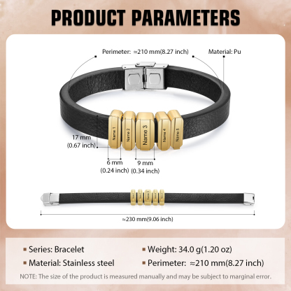 5 Names Personalised Stainless Steel Leather Bracelet Engraved Name Men's Bracelet Gift for Dad