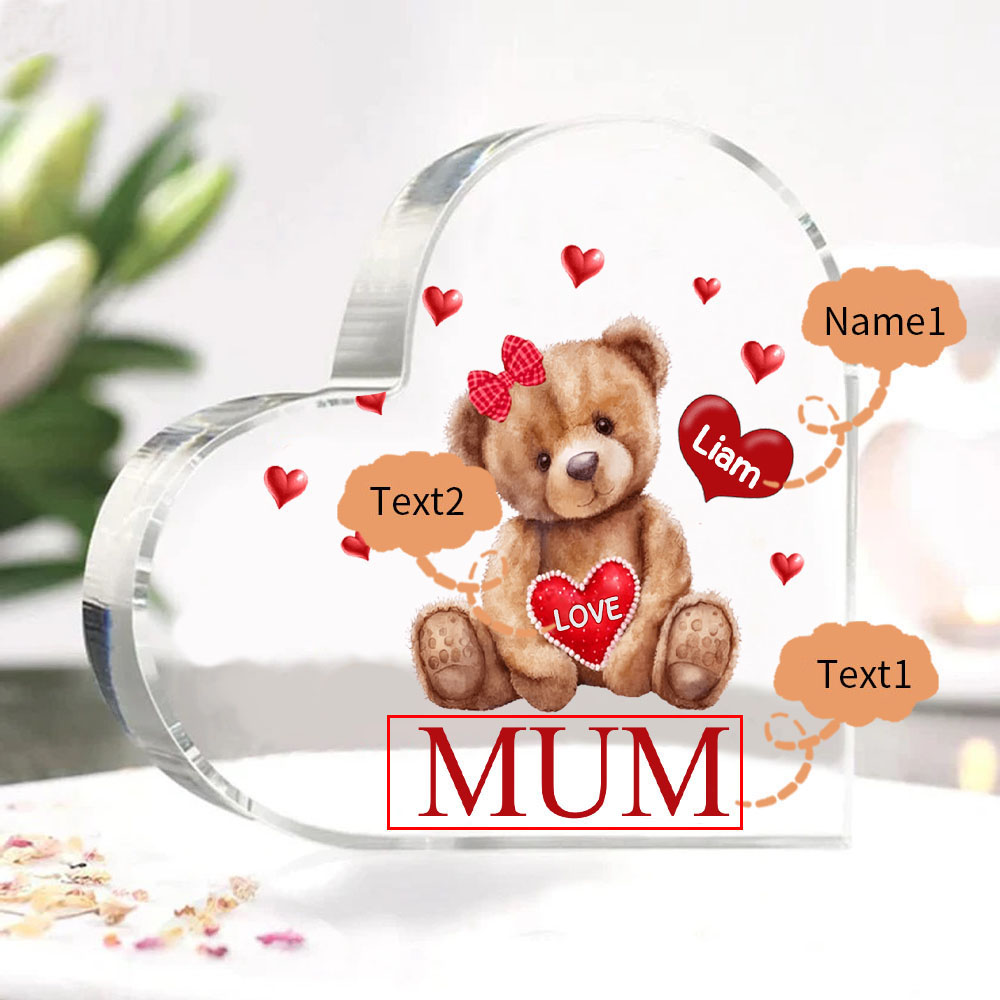 1 Name-Personalised Mum Acrylic Heart Keepsake Custom Text Love Teddy Bear Ornaments Gifts Set With Gift Box for Grandma/Mother