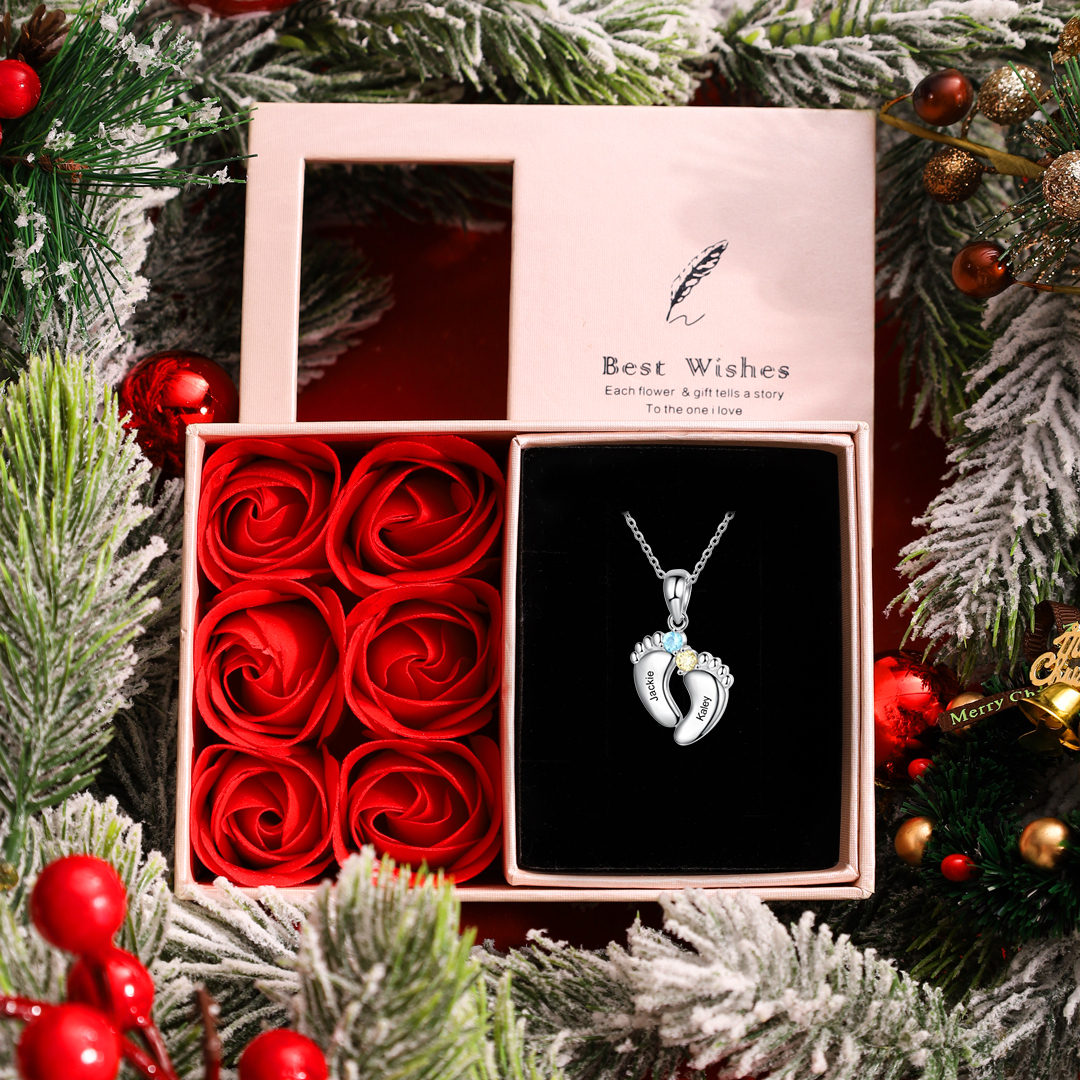2 Names-Personalised Baby Foot Necklace Gift Set With Rose Box-Custom Women Necklace With 2 Birthstones Engraved Names Gift For Mother/Her