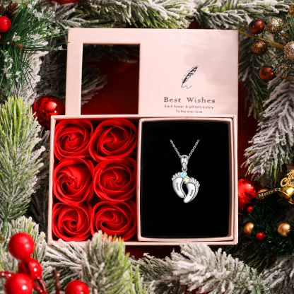 2 Names-Personalised Baby Foot Necklace Gift Set With Rose Box-Custom Women Necklace With 2 Birthstones Engraved Names Gift For Mother/Her